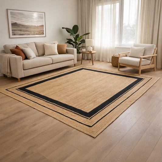 Tapete Artesanal Indiano para Sala e Quarto Anjali 250 x 300 cm - Juta Natural c/ Preto