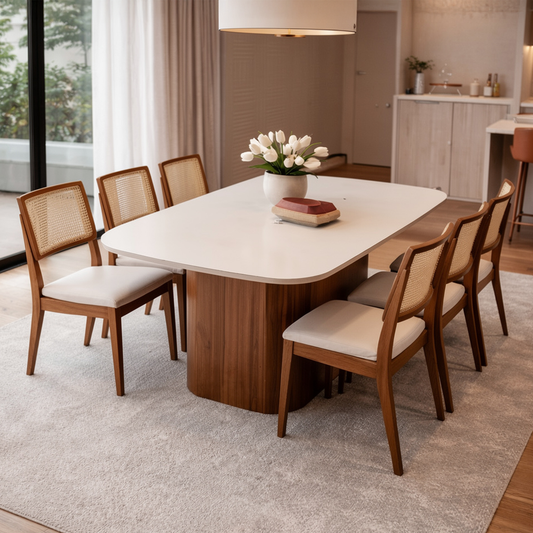 Conjunto de Jantar Mesa Retangular com Vidro Kalina 6 Cadeiras Saga - Canella c/ Cru