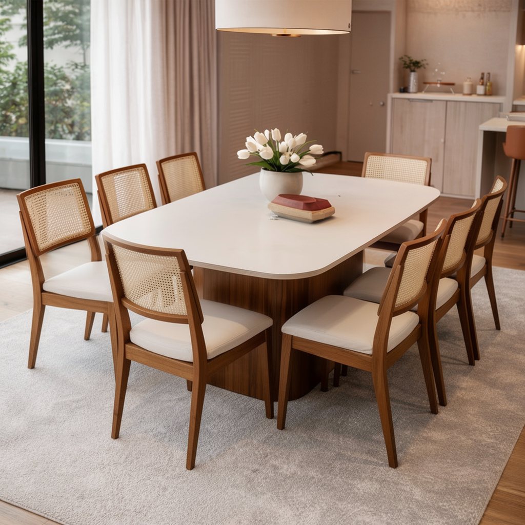 Conjunto de Jantar Mesa Retangular com Vidro Kalina 8 Cadeiras Saga - Canella c/ Cru