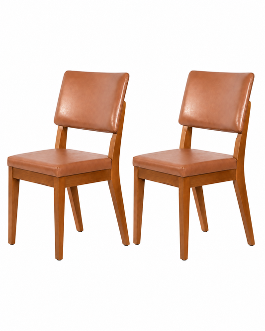 Conjunto de 2 Cadeiras de Madeira Maciça Estofada Ella - Natural c/ PU Caramelo