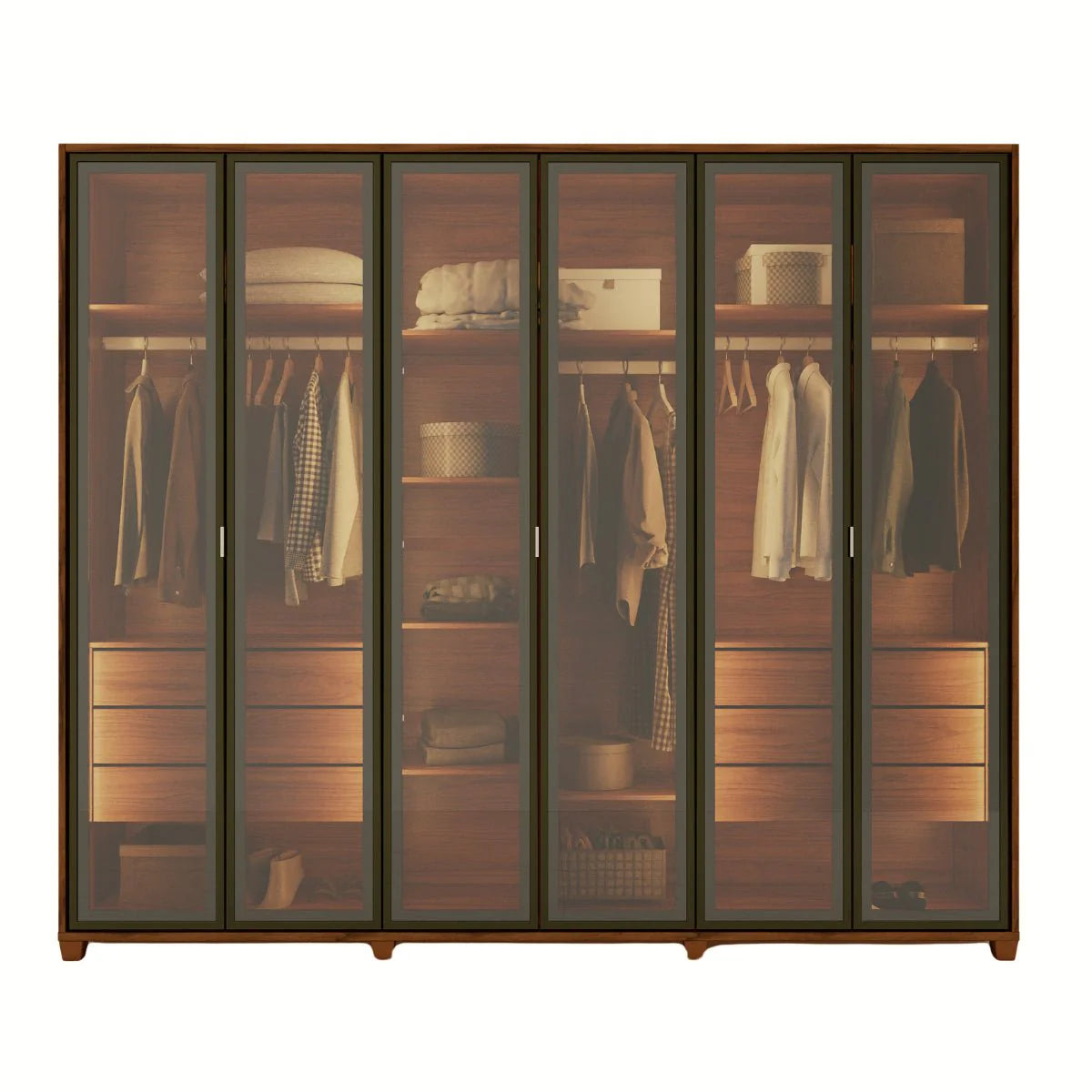 Guarda-Roupa Casal com 6 Portas Vidro Reflecta e LED 6 Gavetas Speculum 274 cm – Canella