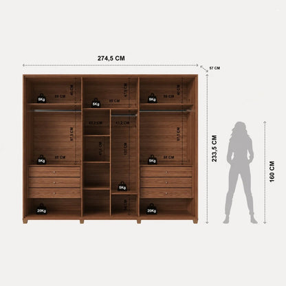 Guarda-Roupa Casal com 6 Portas Vidro Reflecta e LED 6 Gavetas Speculum 274 cm – Canella