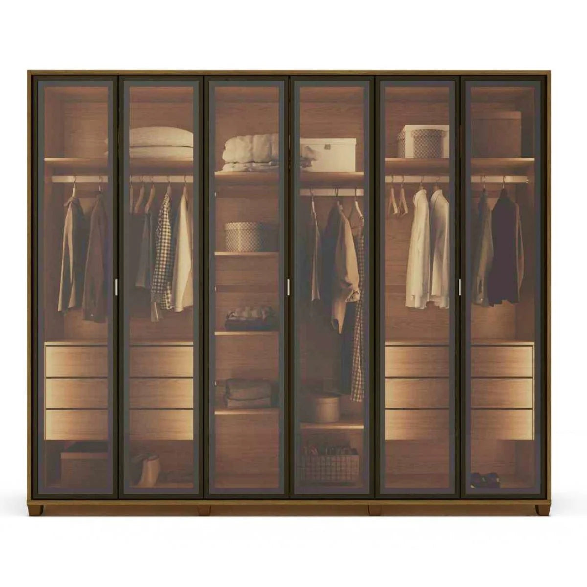 Guarda-Roupa Casal com 6 Portas Vidro Reflecta e LED 6 Gavetas Speculum 274 cm – Carvalho