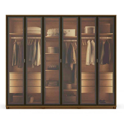 Guarda-Roupa Casal com 6 Portas Vidro Reflecta e LED 6 Gavetas Speculum 274 cm – Carvalho