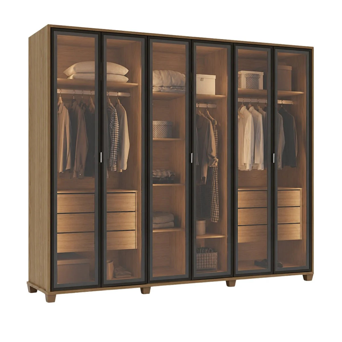 Guarda-Roupa Casal com 6 Portas Vidro Reflecta e LED 6 Gavetas Speculum 274 cm – Carvalho