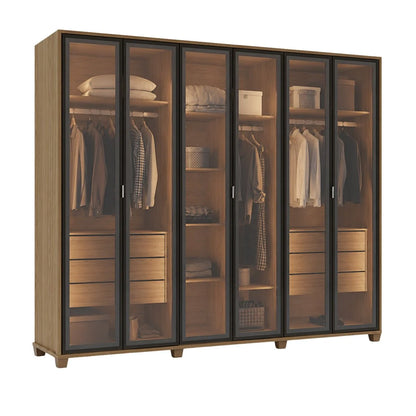 Guarda-Roupa Casal com 6 Portas Vidro Reflecta e LED 6 Gavetas Speculum 274 cm – Carvalho