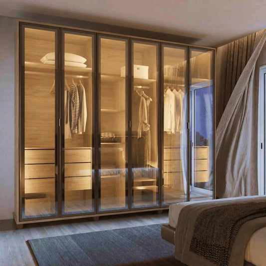 Guarda-Roupa Casal com 6 Portas Vidro Reflecta e LED 6 Gavetas Speculum 274 cm – Carvalho