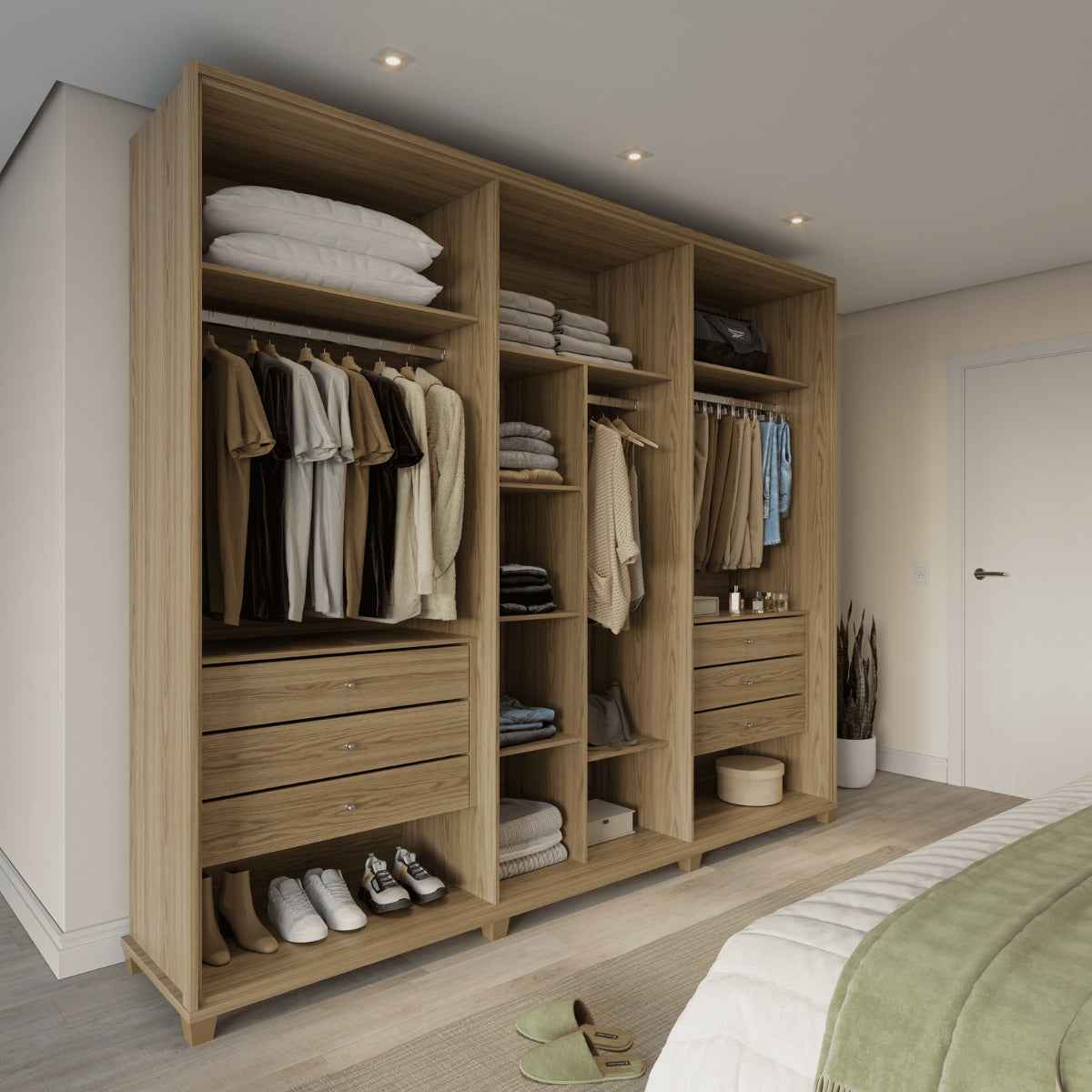 Guarda-Roupa Casal com 6 Portas Vidro Reflecta e LED 6 Gavetas Speculum 274 cm – Carvalho