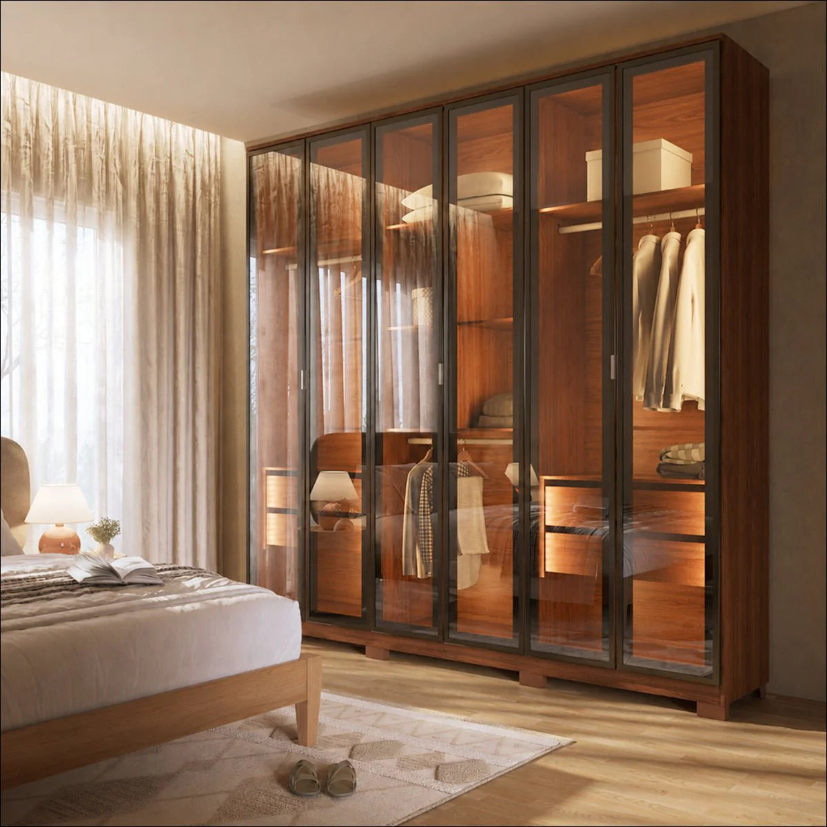 Guarda-Roupa Casal com 6 Portas Vidro Reflecta e LED 4 Gavetas Lucent 231 cm – Canella