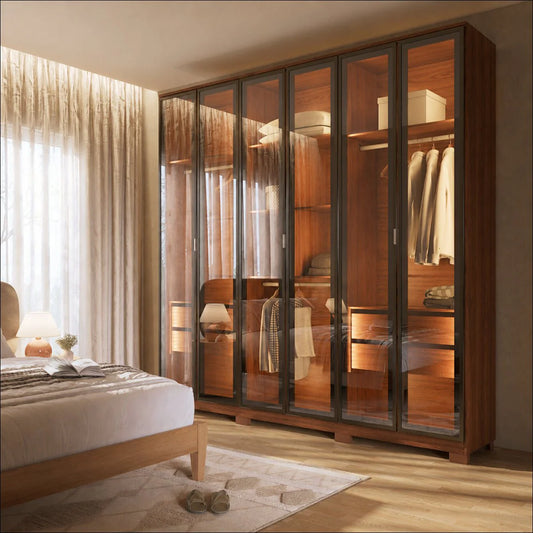 Guarda-Roupa Casal com 6 Portas Vidro Reflecta e LED 4 Gavetas Lucent 231 cm – Canella