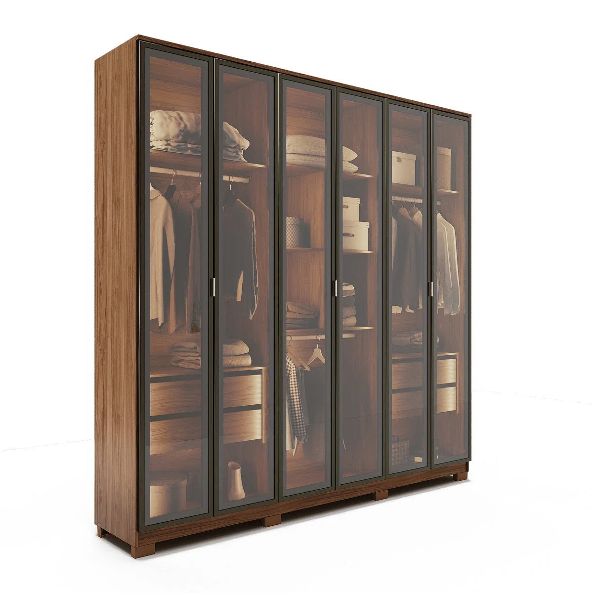 Guarda-Roupa Casal com 6 Portas Vidro Reflecta e LED 4 Gavetas Lucent 231 cm – Canella