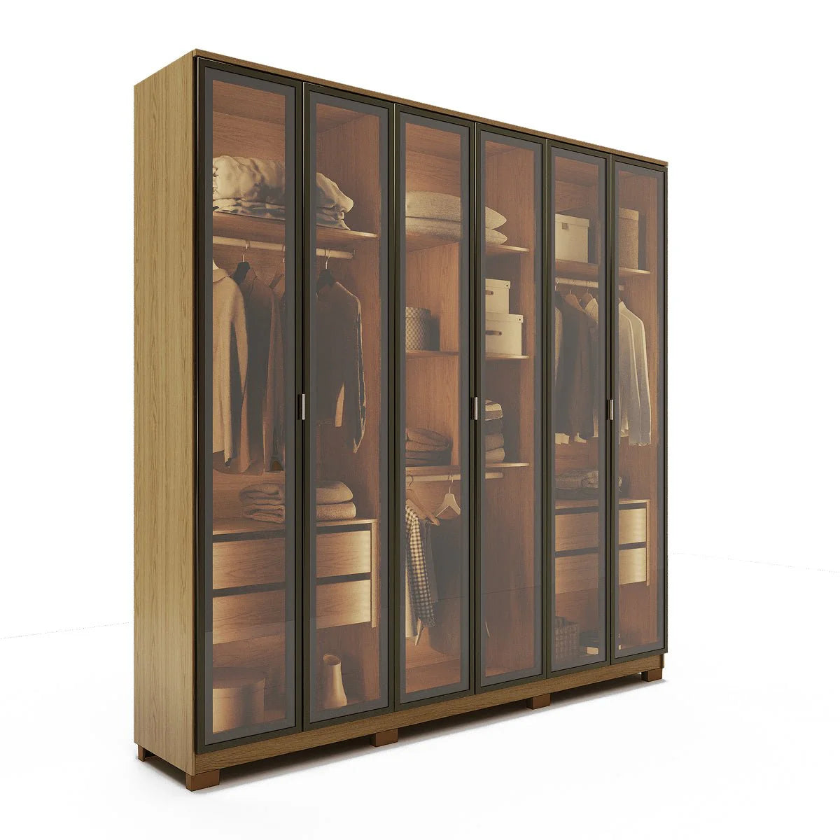 Guarda-Roupa Casal com 6 Portas Vidro Reflecta e LED 4 Gavetas Lucent 231 cm – Carvalho