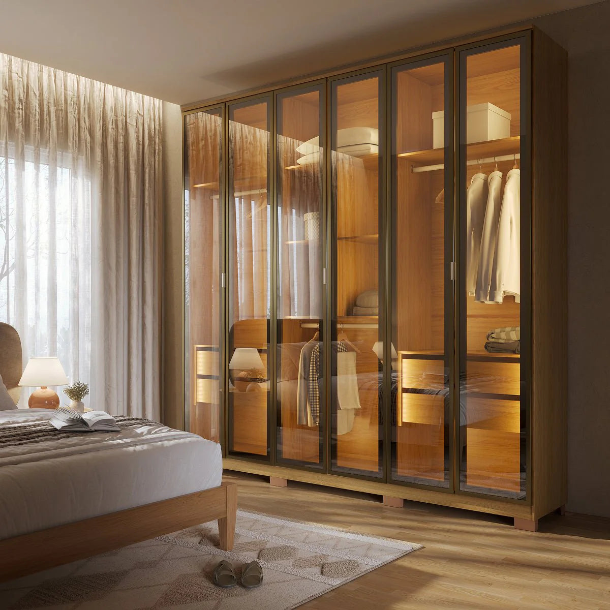 Guarda-Roupa Casal com 6 Portas Vidro Reflecta e LED 4 Gavetas Lucent 231 cm – Carvalho