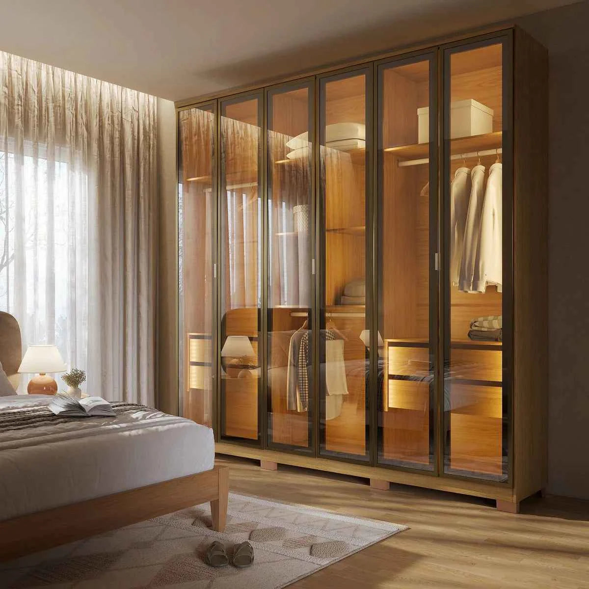 Guarda-Roupa Casal com 6 Portas Vidro Reflecta e LED 4 Gavetas Lucent 231 cm – Carvalho
