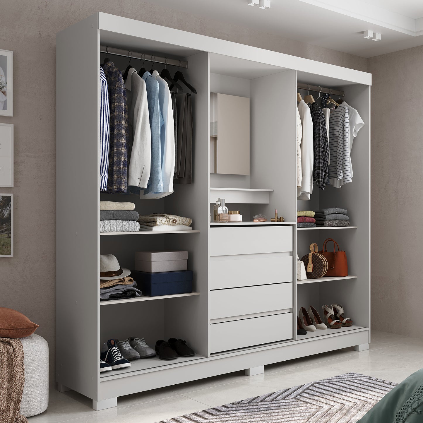 Guarda-Roupa Casal com Espelho 2 Portas de Correr 4 Gavetas Finley 184 cm - Branco