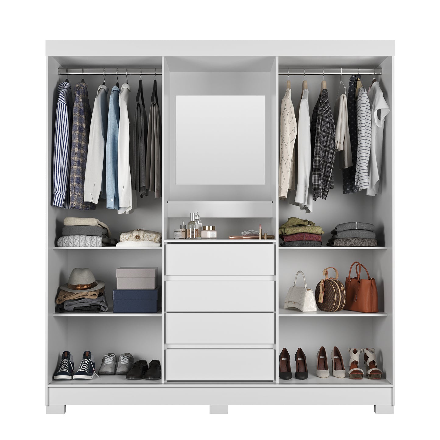 Guarda-Roupa Casal com Espelho 2 Portas de Correr 4 Gavetas Finley 184 cm - Branco