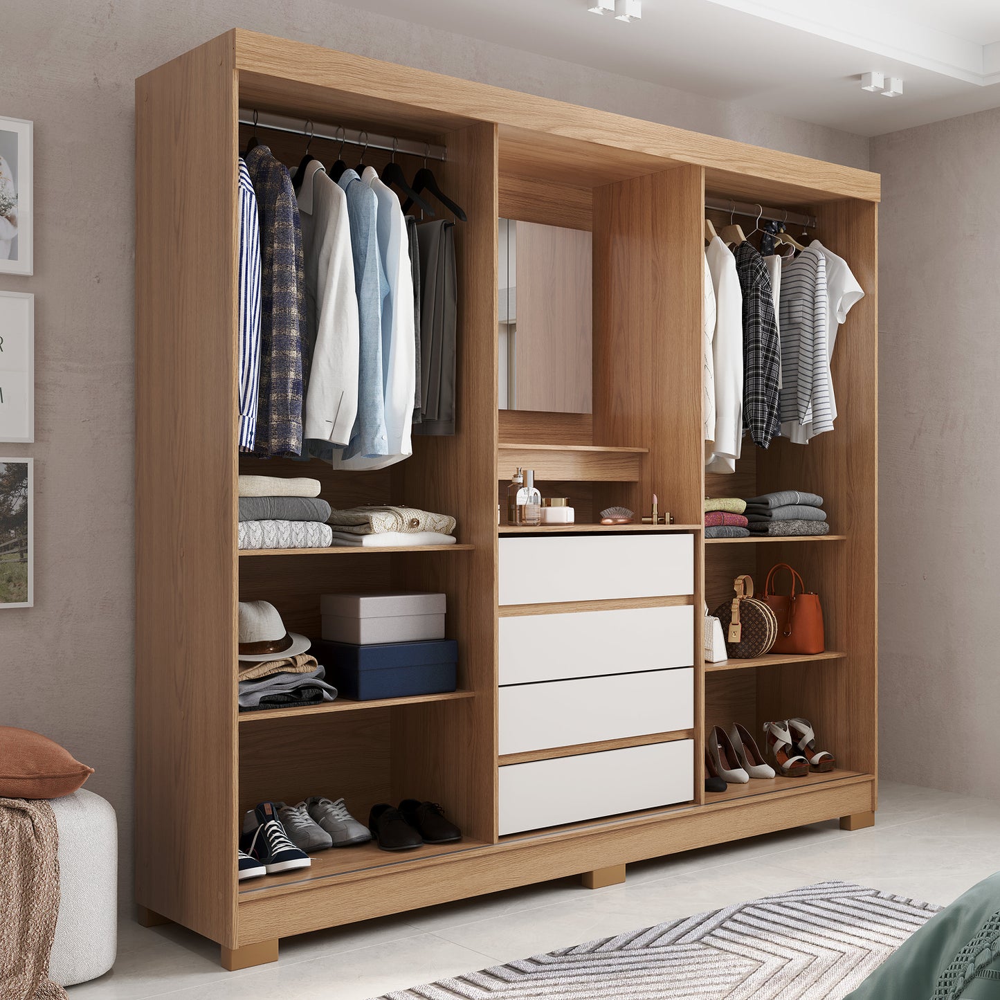 Guarda-Roupa Casal com Espelho 2 Portas de Correr 4 Gavetas Finley 184 cm - Carvalho c/ Off White