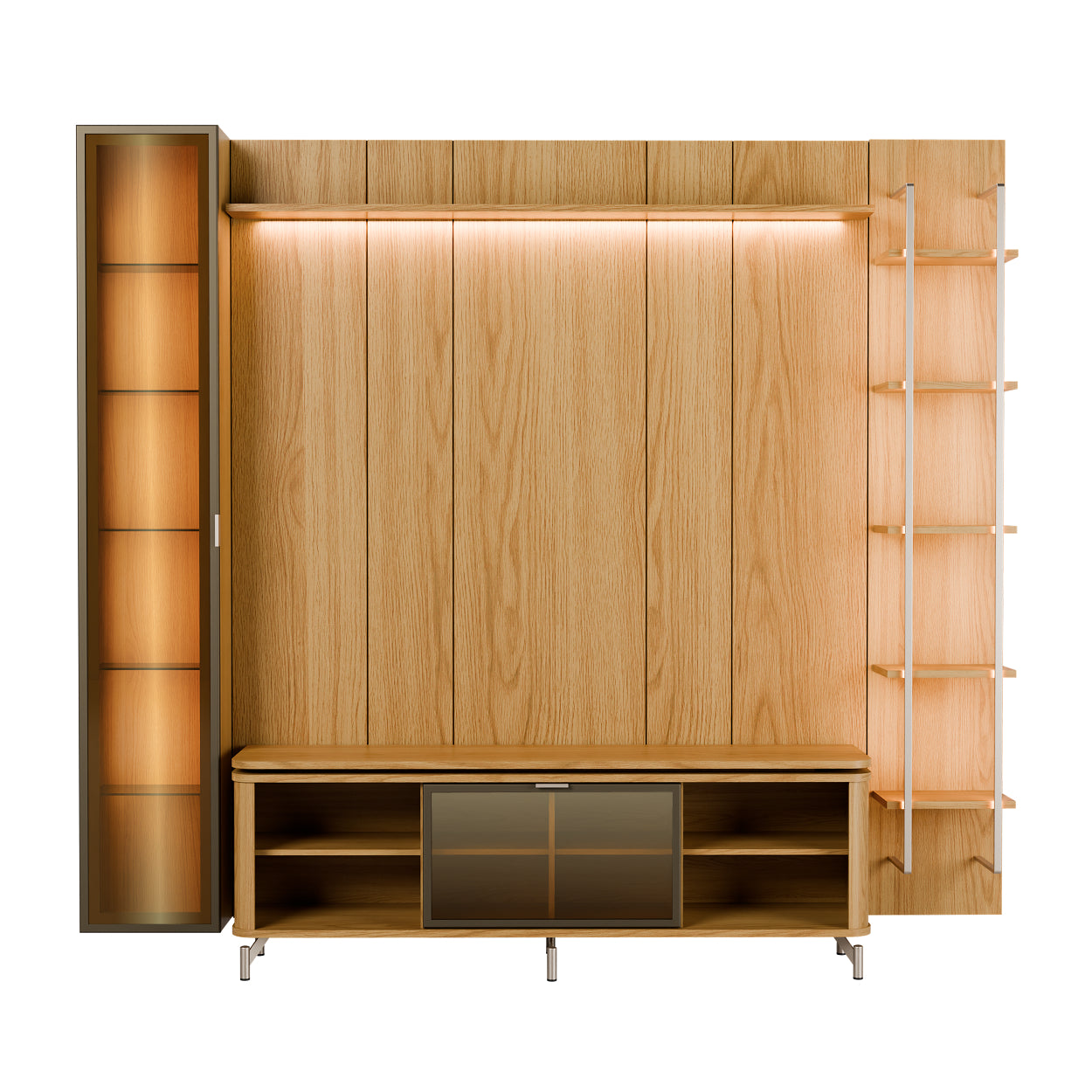 Rack com Painel para TV até 85" 6 Prateleiras e Cristaleira 1 Porta Vidro Reflecta e LED Lincoln Float 254cm – Carvalho c/ Champanhe