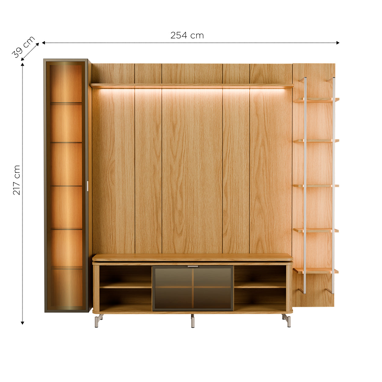 Rack com Painel para TV até 85" 6 Prateleiras e Cristaleira 1 Porta Vidro Reflecta e LED Lincoln Float 254cm – Carvalho c/ Champanhe