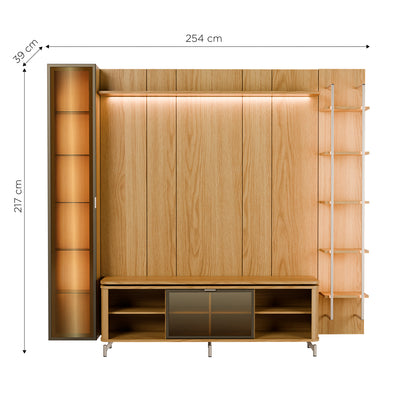 Rack com Painel para TV até 85" 6 Prateleiras e Cristaleira 1 Porta Vidro Reflecta e LED Lincoln Float 254cm – Carvalho c/ Champanhe