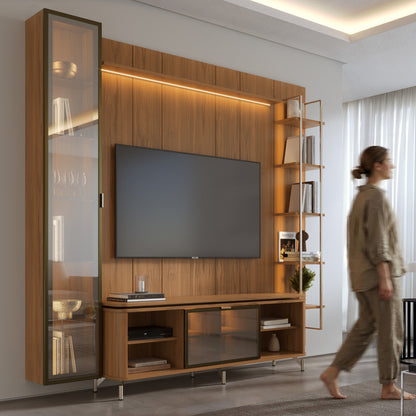 Rack com Painel para TV até 85" 6 Prateleiras e Cristaleira 1 Porta Vidro Reflecta e LED Lincoln Float 254cm - Canella c/ Champanhe