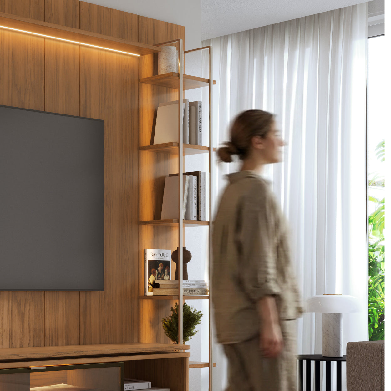 Rack com Painel para TV até 85" 11 Prateleiras e LED Lincoln Float 254cm – Canella c/ Champanhe