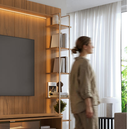 Rack com Painel para TV até 85" 11 Prateleiras e LED Lincoln Float 254cm – Canella c/ Champanhe