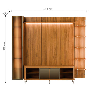 Rack com Painel para TV até 85" 6 Prateleiras e Cristaleira 1 Porta Vidro Reflecta e LED Lincoln Float 254cm - Canella c/ Champanhe