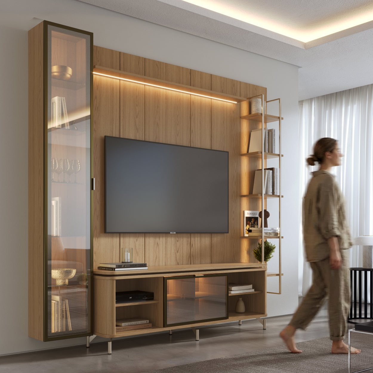 Rack com Painel para TV até 85" 6 Prateleiras e Cristaleira 1 Porta Vidro Reflecta e LED Lincoln Float 254cm – Carvalho c/ Champanhe