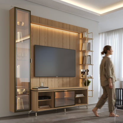 Rack com Painel para TV até 85" 6 Prateleiras e Cristaleira 1 Porta Vidro Reflecta e LED Lincoln Float 254cm – Carvalho c/ Champanhe