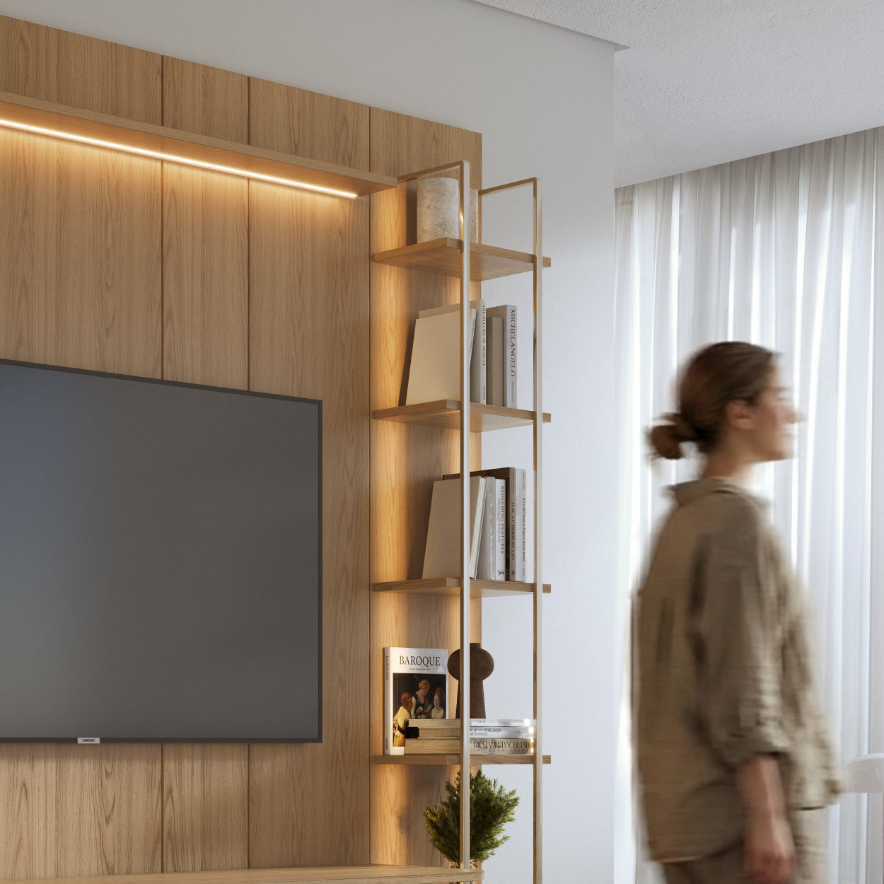 Rack com Painel para TV até 85" 11 Prateleiras e LED Lincoln Float 291cm – Carvalho c/ Champanhe