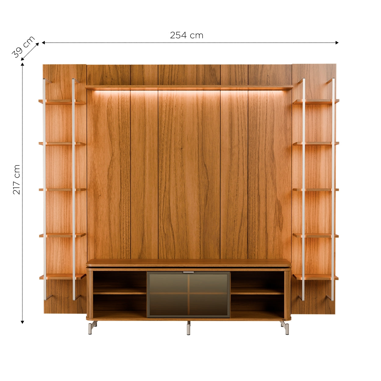 Rack com Painel para TV até 85" 11 Prateleiras e LED Lincoln Float 254cm – Canella c/ Champanhe