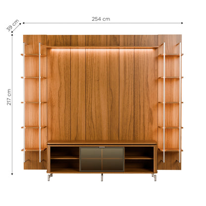 Rack com Painel para TV até 85" 11 Prateleiras e LED Lincoln Float 254cm – Canella c/ Champanhe