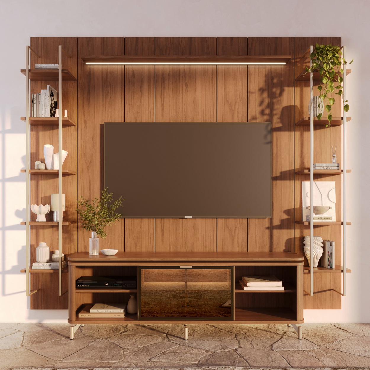 Rack com Painel para TV até 85" 11 Prateleiras e LED Lincoln Float 254cm – Canella c/ Champanhe
