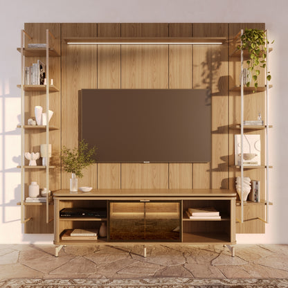Rack com Painel para TV até 85" 11 Prateleiras e LED Lincoln Float 254cm – Carvalho c/ Champanhe