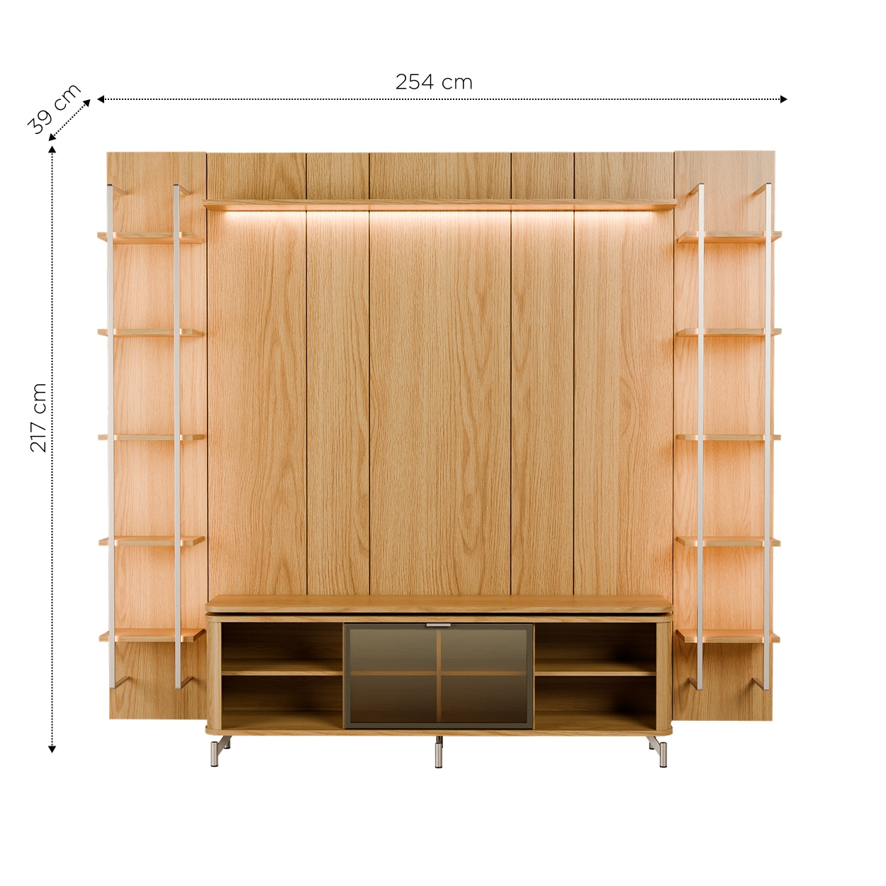 Rack com Painel para TV até 85" 11 Prateleiras e LED Lincoln Float 254cm – Carvalho c/ Champanhe