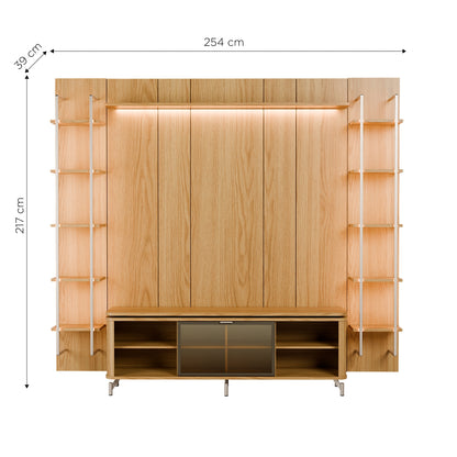 Rack com Painel para TV até 85" 11 Prateleiras e LED Lincoln Float 254cm – Carvalho c/ Champanhe