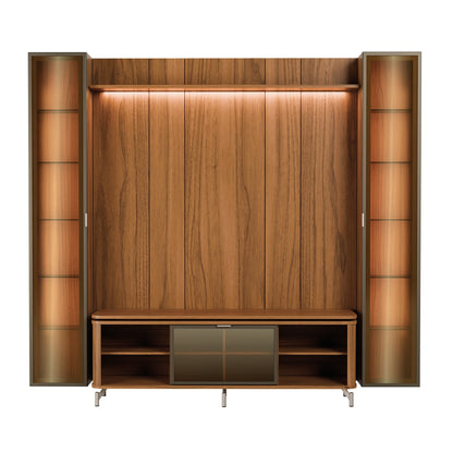 Rack com Painel para TV até 85" 2 Cristaleiras Vidro Reflecta e LED Lincoln Float 254cm – Canella c/ Champanhe