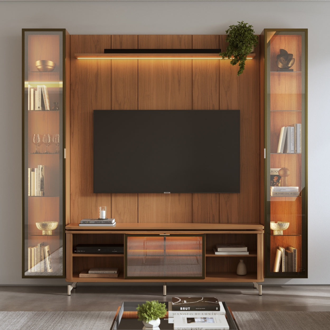 Rack com Painel para TV até 85" 2 Cristaleiras Vidro Reflecta e LED Lincoln Float 254cm – Canella c/ Champanhe