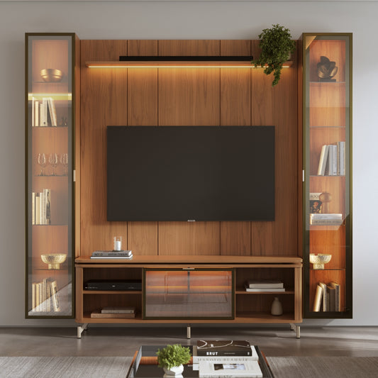 Rack com Painel para TV até 85" 2 Cristaleiras Vidro Reflecta e LED Lincoln Float 254cm – Canella c/ Champanhe