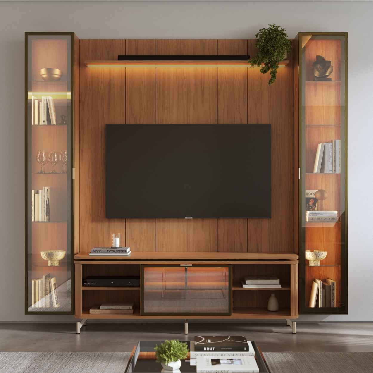 Rack com Painel para TV até 85" 2 Cristaleiras Vidro Reflecta e LED Lincoln Float 254cm – Canella c/ Champanhe