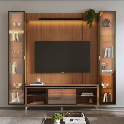 Rack com Painel para TV até 85" 2 Cristaleiras Vidro Reflecta e LED Lincoln Float 254cm – Canella c/ Champanhe