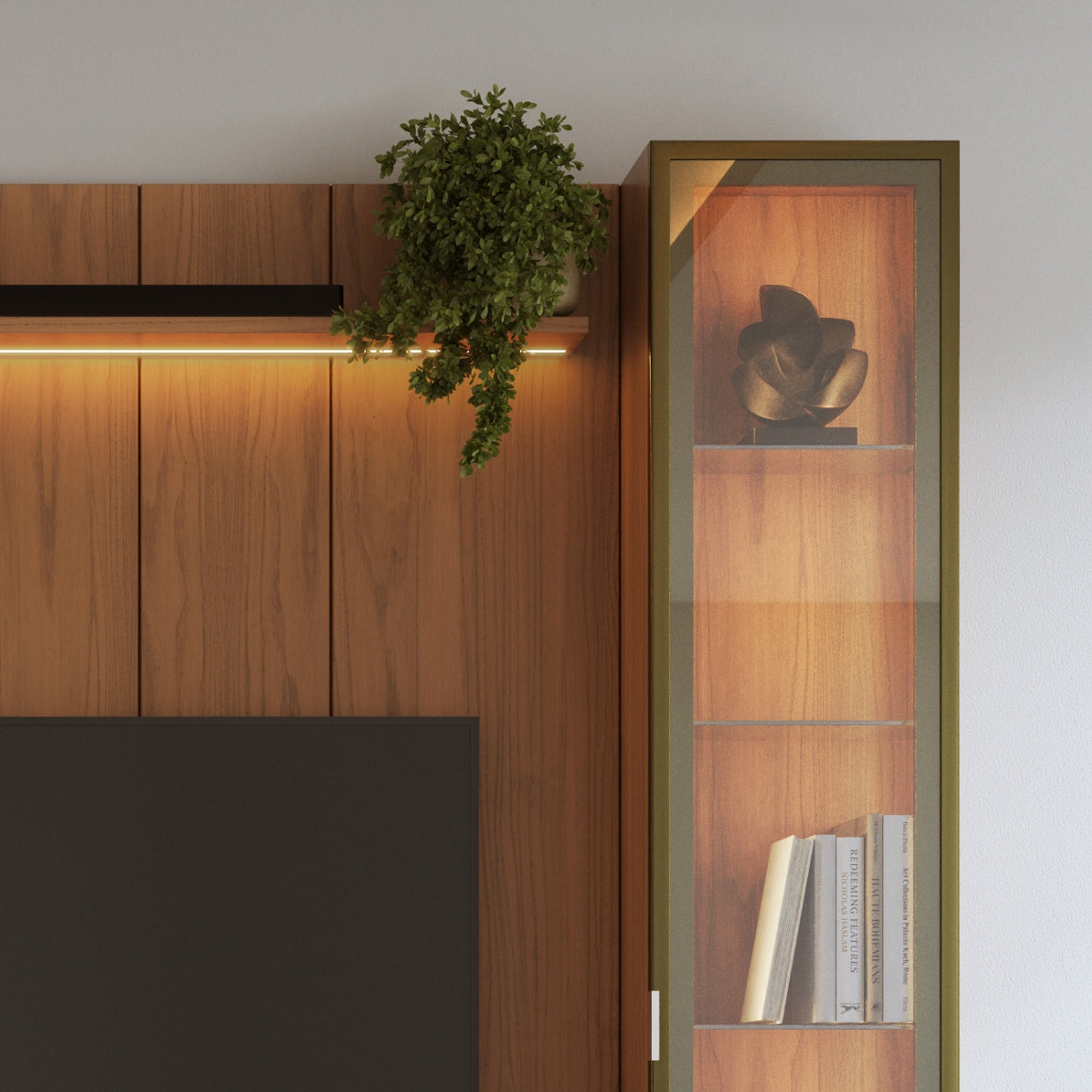 Rack com Painel para TV até 85" 2 Cristaleiras Vidro Reflecta e LED Lincoln Float 254cm – Canella c/ Champanhe