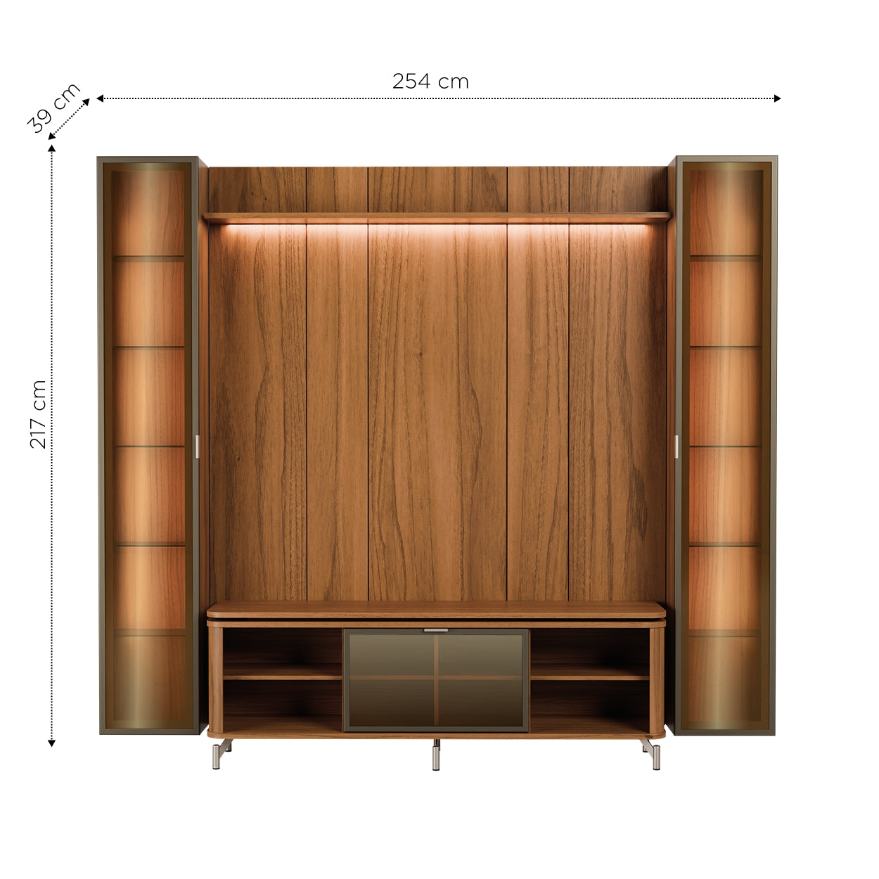 Rack com Painel para TV até 85" 2 Cristaleiras Vidro Reflecta e LED Lincoln Float 254cm – Canella c/ Champanhe