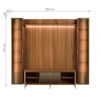 Rack com Painel para TV até 85" 2 Cristaleiras Vidro Reflecta e LED Lincoln Float 254cm – Canella c/ Champanhe