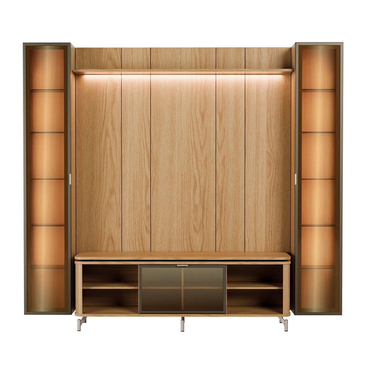 Rack com Painel para TV até 85" 2 Cristaleiras Vidro Reflecta e LED Lincoln Float 254cm – Carvalho c/ Champanhe