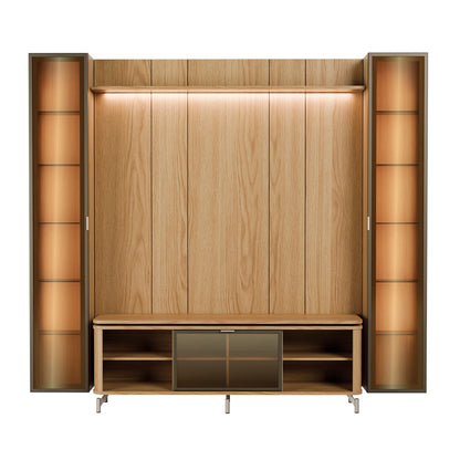 Rack com Painel para TV até 85" 2 Cristaleiras Vidro Reflecta e LED Lincoln Float 254cm – Carvalho c/ Champanhe