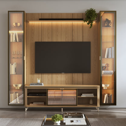 Rack com Painel para TV até 85" 2 Cristaleiras Vidro Reflecta e LED Lincoln Float 254cm – Carvalho c/ Champanhe
