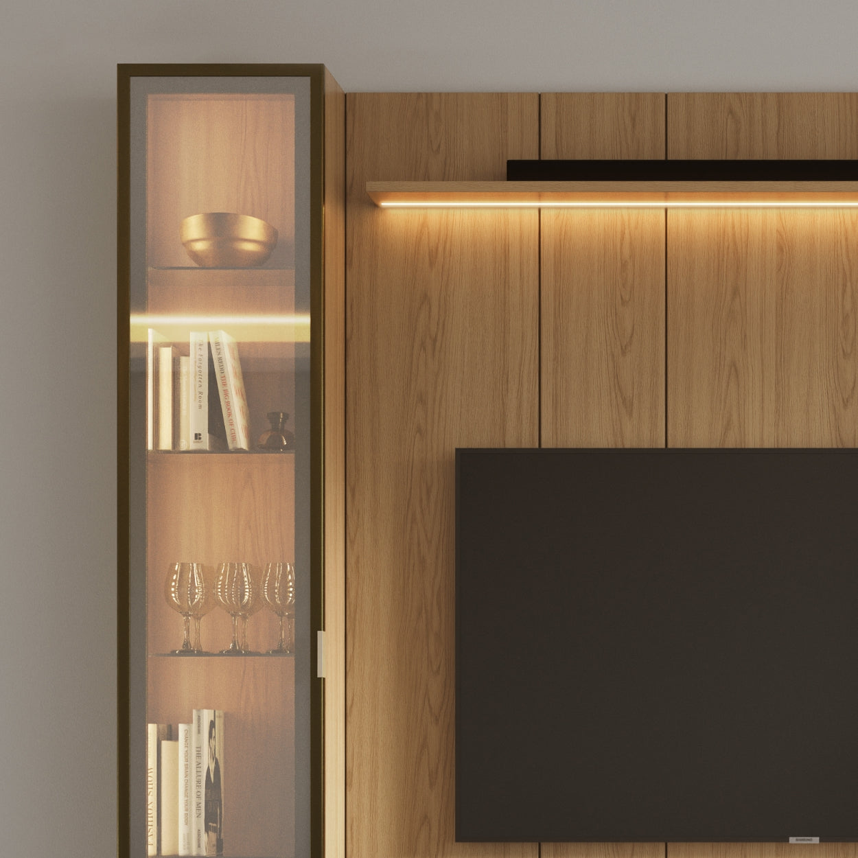 Rack com Painel para TV até 85" 2 Cristaleiras Vidro Reflecta e LED Lincoln Float 254cm – Carvalho c/ Champanhe