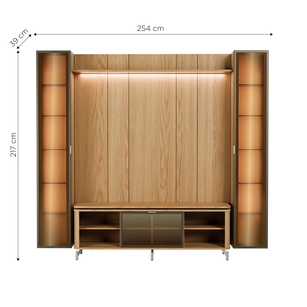 Rack com Painel para TV até 85" 2 Cristaleiras Vidro Reflecta e LED Lincoln Float 254cm – Carvalho c/ Champanhe